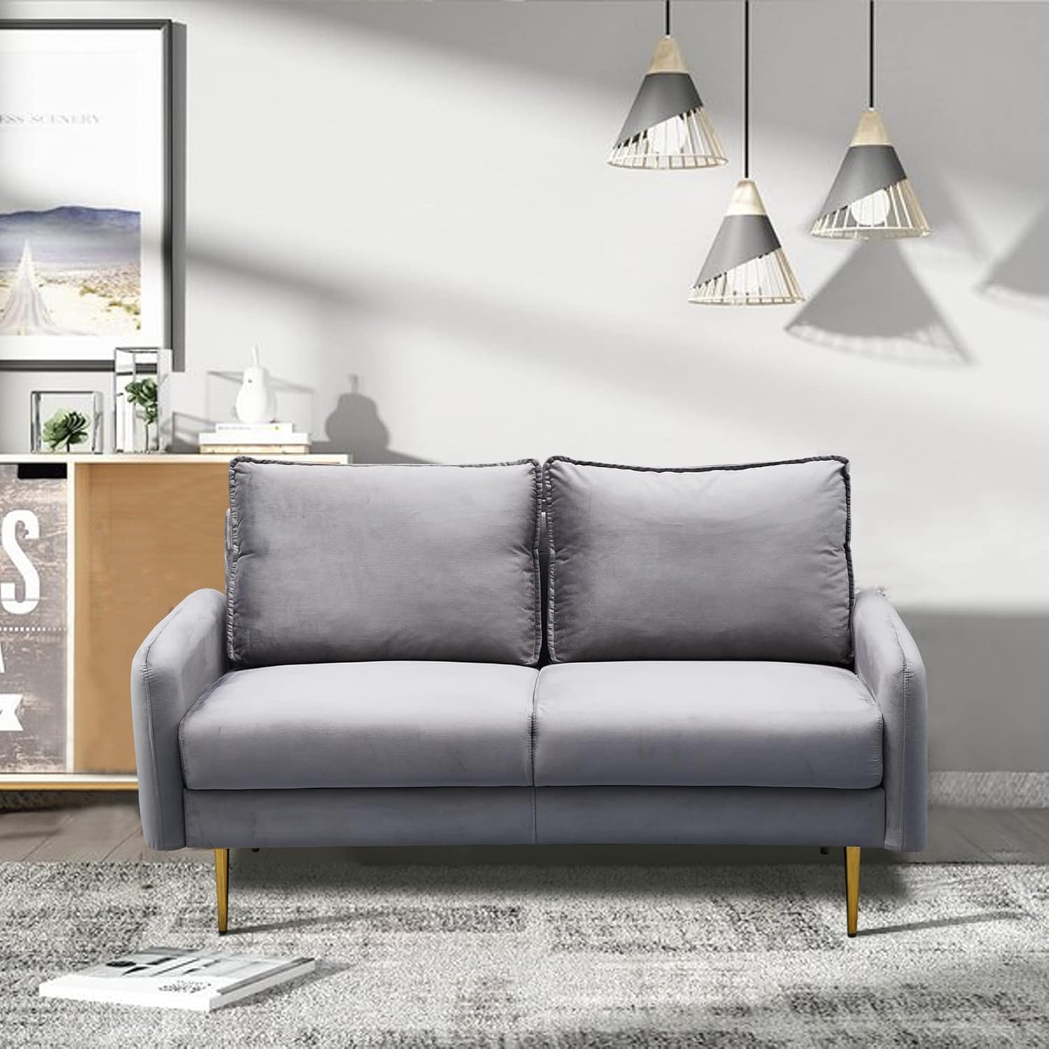 Sofá biplaza de terciopelo moderno con patas de metal para sala de estar, dormitorio, oficina, sala de juegos, color gris