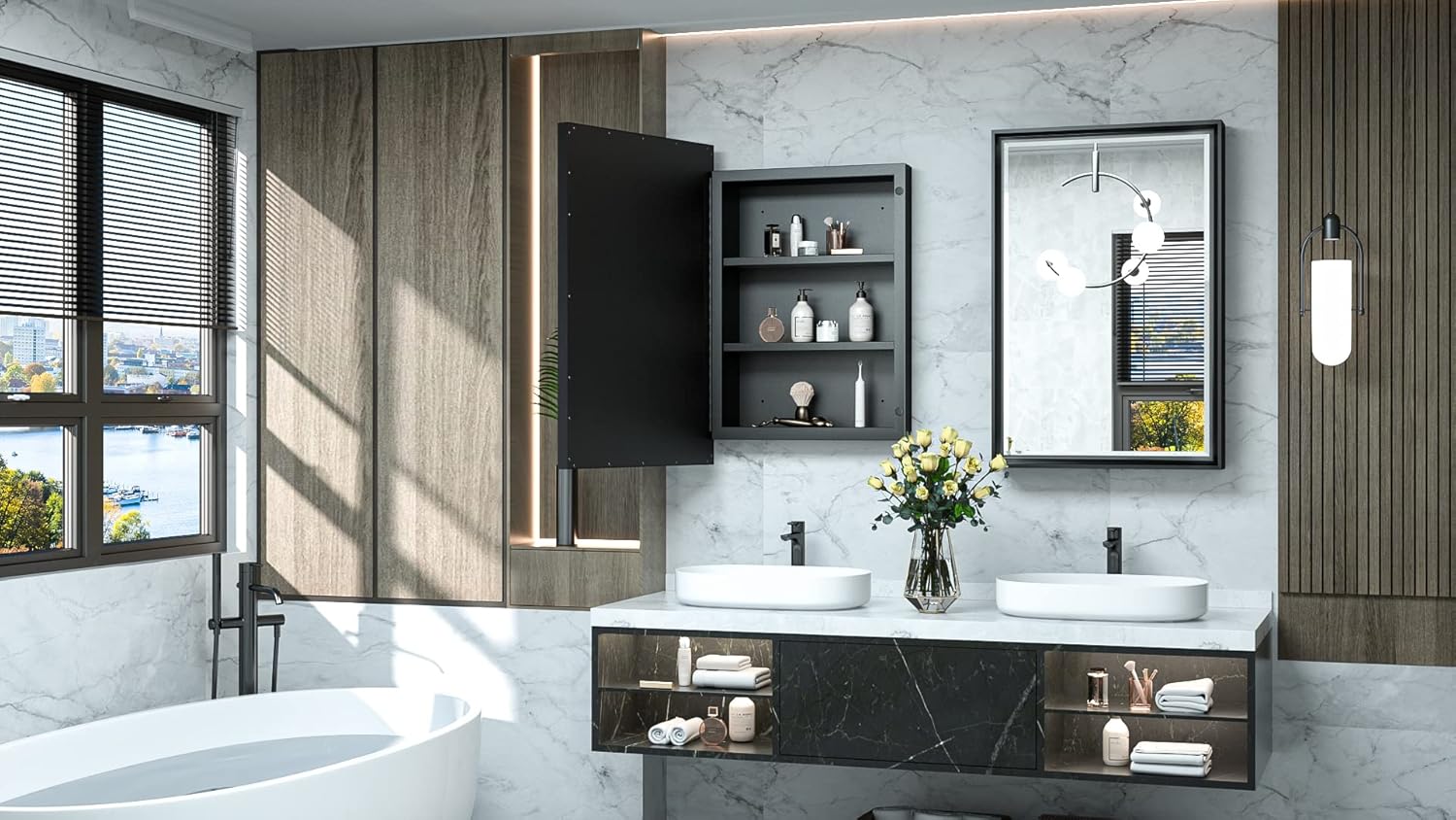 TokeShimi Botiquín empotrado de 16 x 24 pulgadas, espejo de tocador de baño, superficie enmarcada de metal negro, montado en la pared con bordes