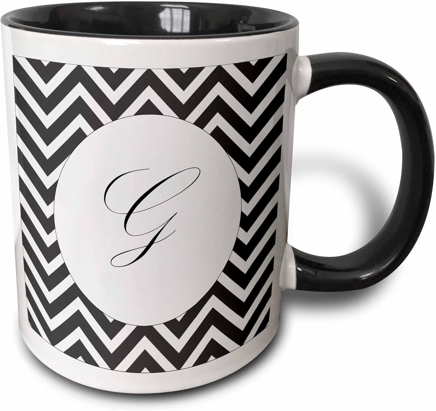 3dRose Print Of Script F On Black White Chevron Stripes Taza, 11 oz