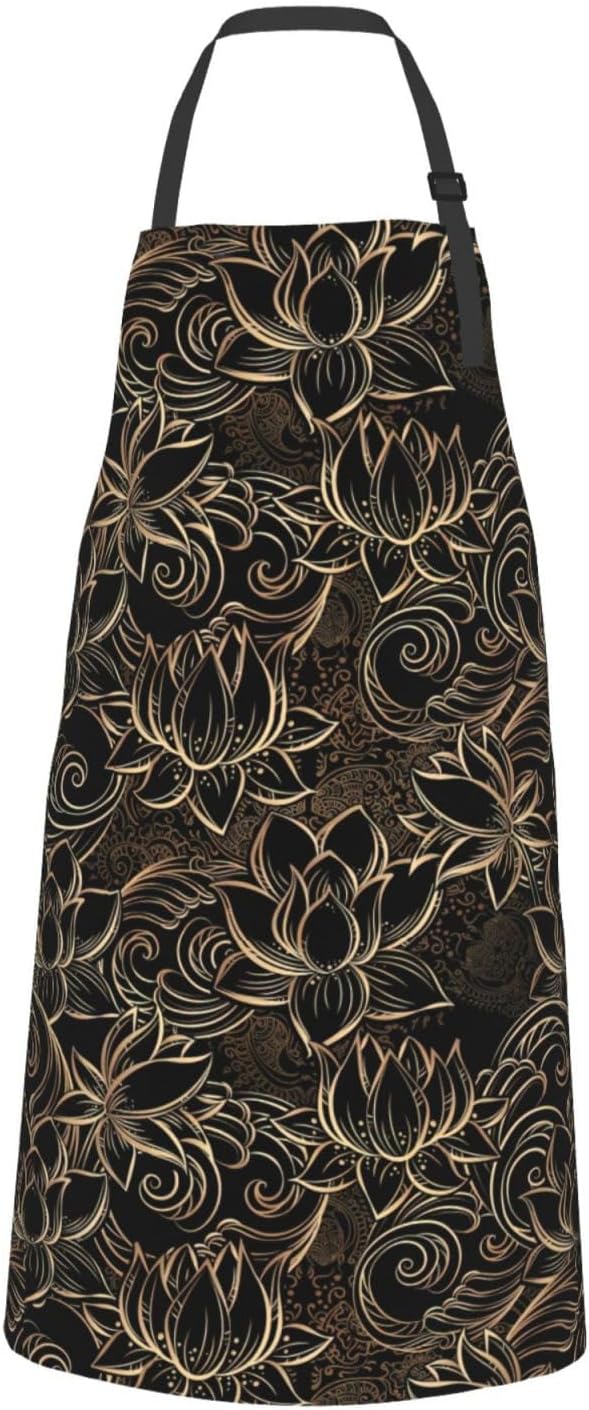 JENKEM Delantal impermeable de flores de loto dorado boho con bolsillos delantales de cocina ajustables babero de cocina para hornear hogar
