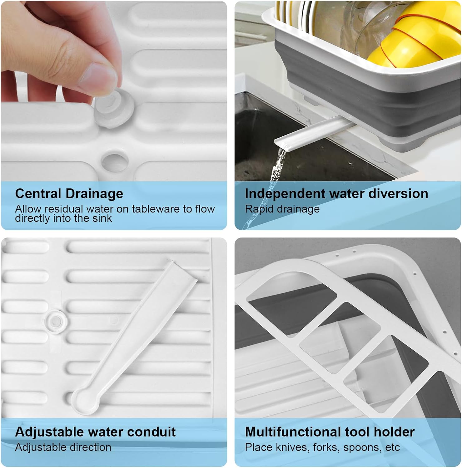Escurridor de platos plegable portátil para encimera de cocina, tapones de drenaje y puertos de drenaje giratorios, ahorro de espacio, adecuado para