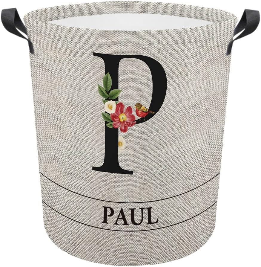 MALIHONG Cesta de lavandería con inicial floral personalizada, monograma, nombre personalizado, flores y pájaros, cesta de ropa plegable de tela,