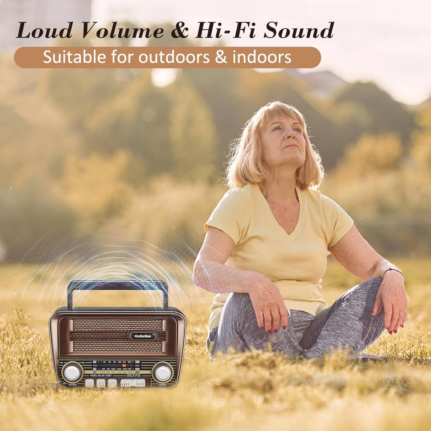Gelielim Radio retro AM FM, radio portátil de onda corta con la mejor recepción, altavoz Bluetooth 5.3, funciona con pilas, compatible con tarjeta
