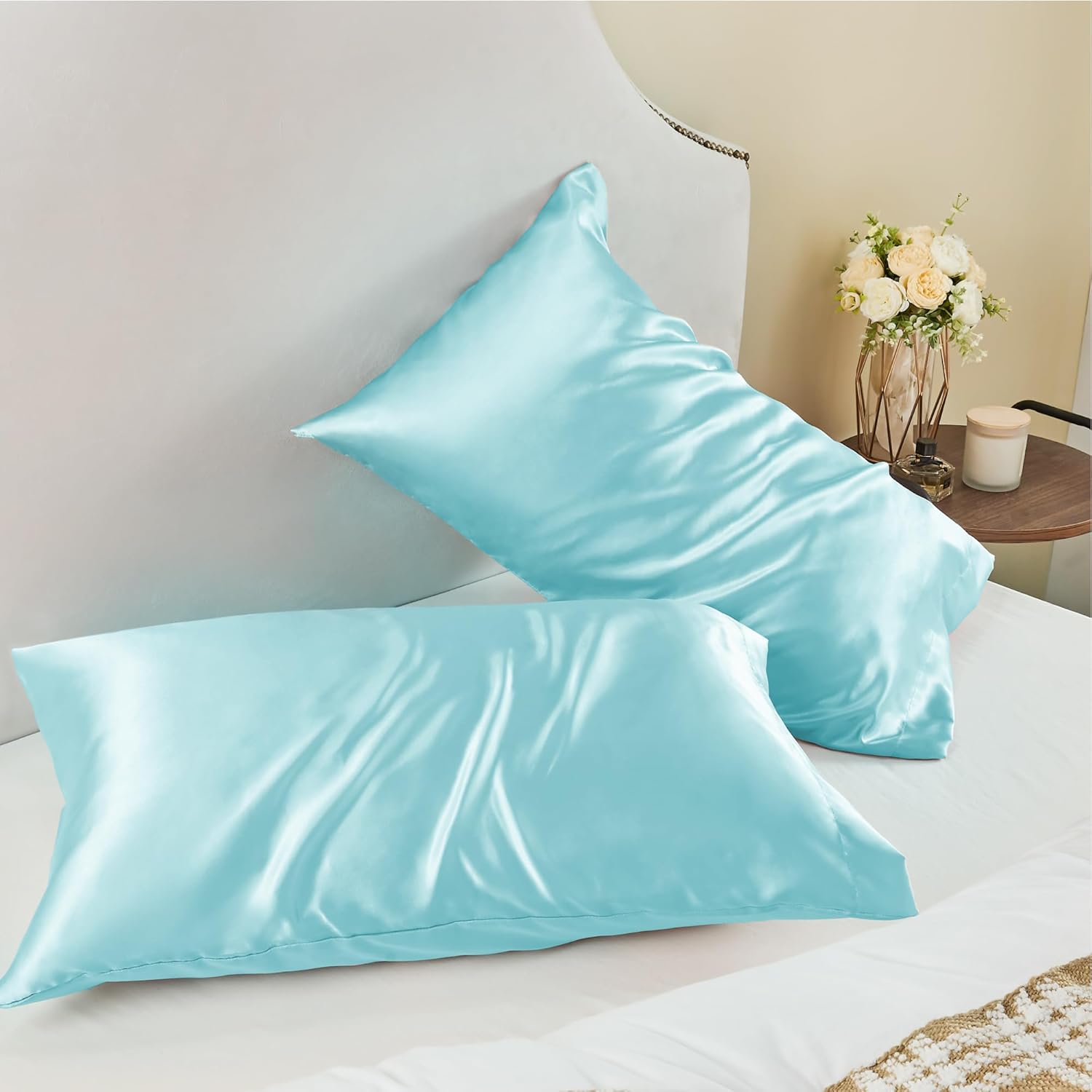 BEDELITE – Juego de 2 fundas de almohada de satén de tamaño Queen, ideales para el cabello y la piel, supersuaves y sedosas, color azul, con cierre