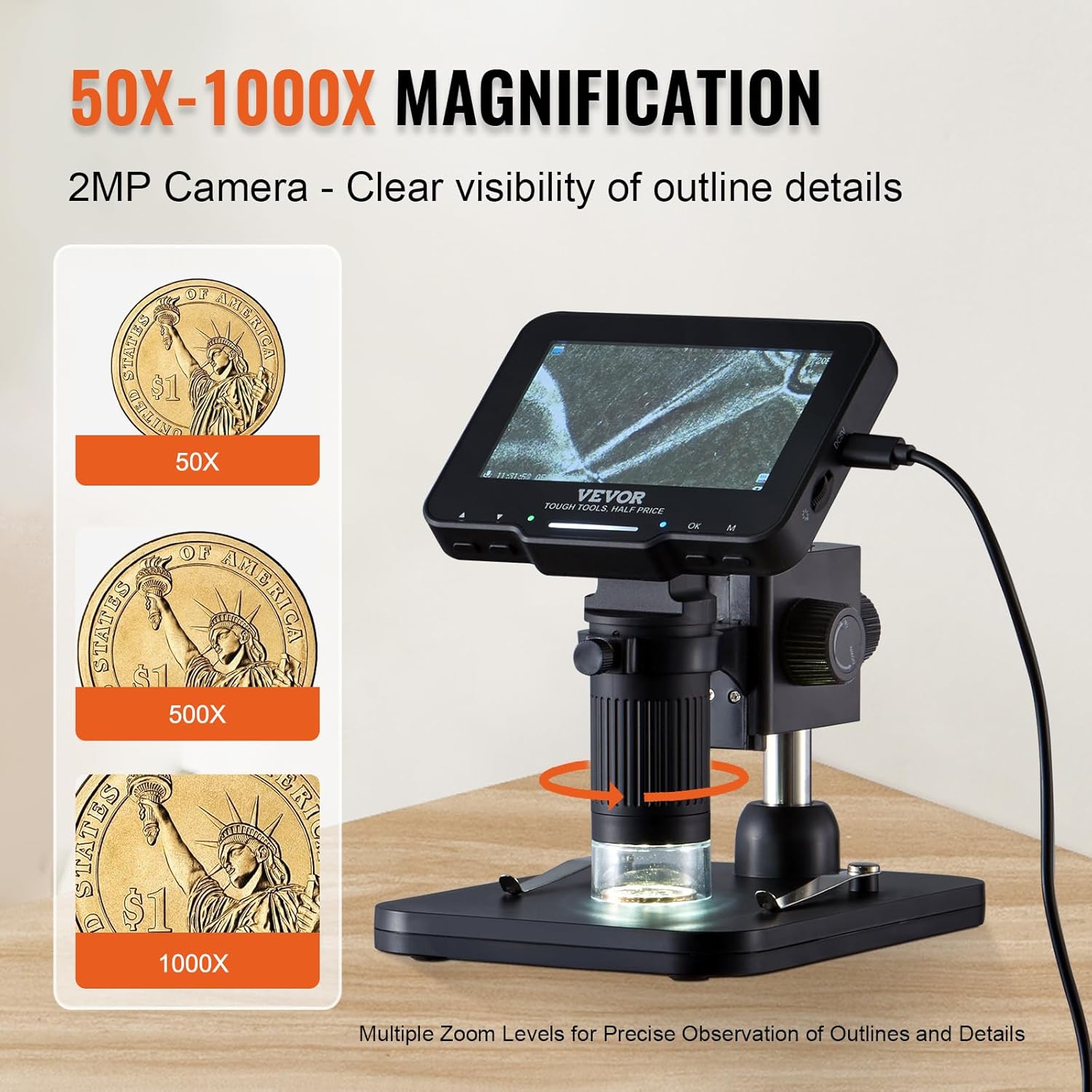 VEVOR Microscopio digital LCD para adultos y niños, pantalla IPS de 4.3 pulgadas, microscopio de monedas 50X  aumento de 1000X con 8 luces LED,