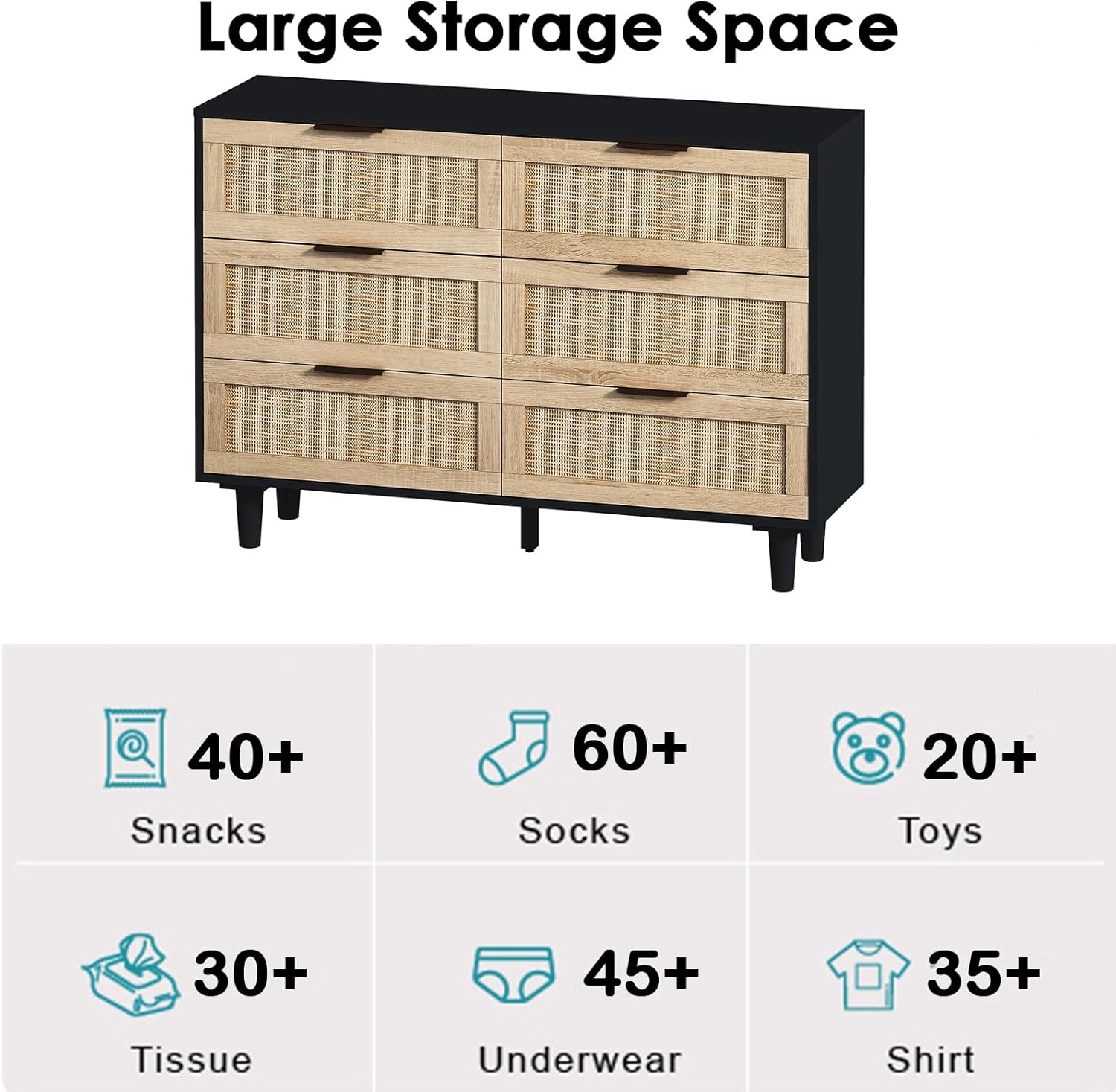 Cómoda de 43 pulgadas de ancho para dormitorio, cómoda de mediados de siglo para sala de estar, cómoda moderna con 6 cajones, mango de metal negro y