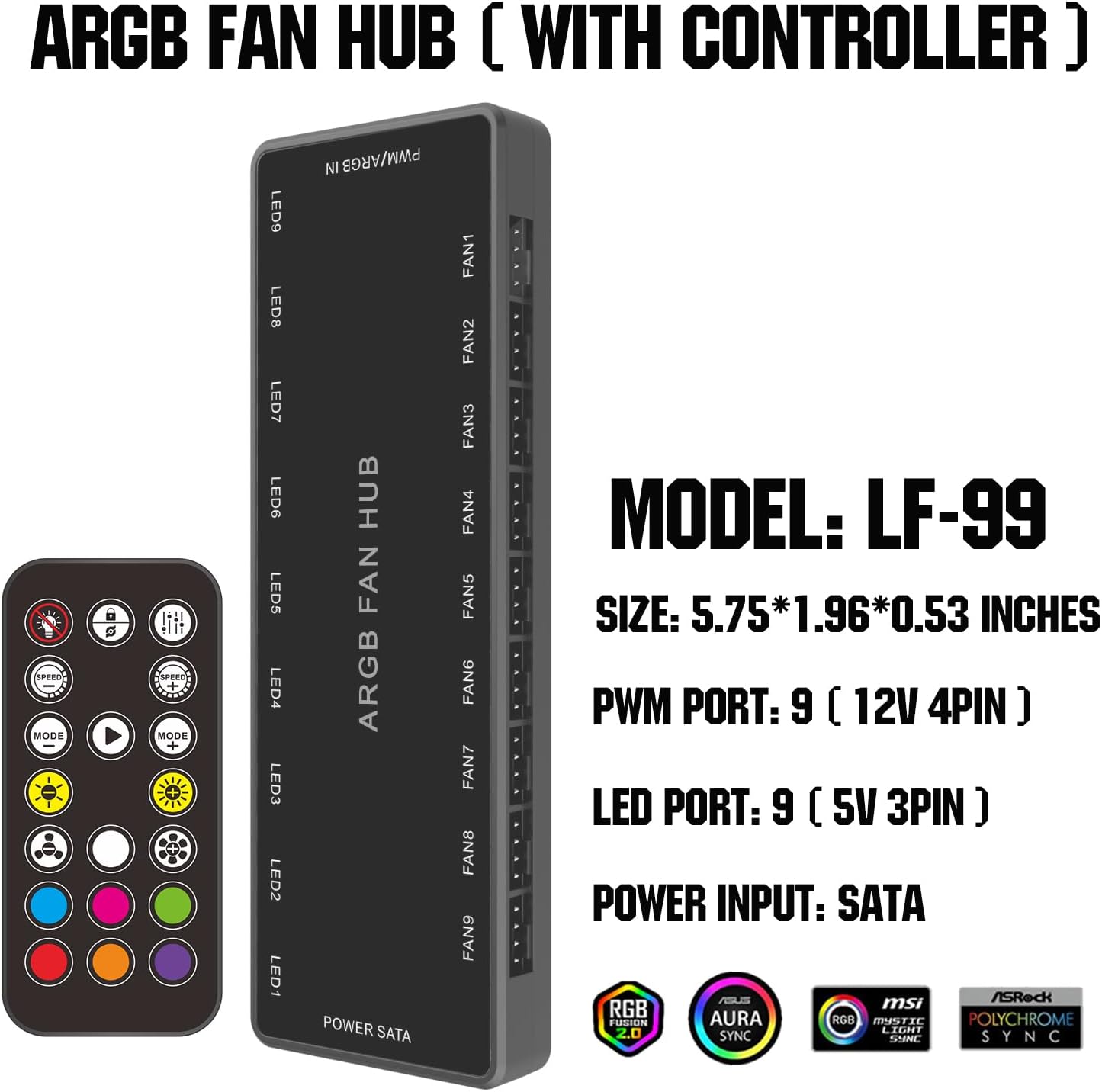 ARGB PWM Fan Hub, direccionable 5V-3PIN ARGB 12V 4PIN PWM 2 en 1 RGB Hub de ventilador con controlador y entrada de alimentación SATA, 9 puertos de