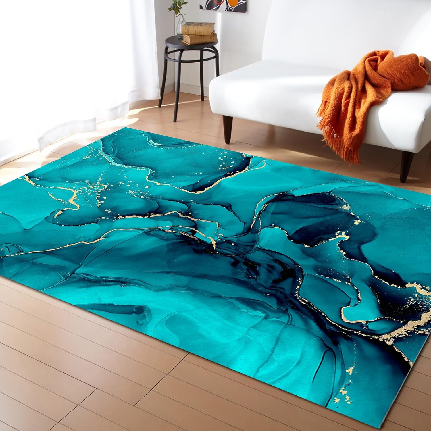 Alfombras de área grande con forma rectangular de mármol aguamarina, 2.7 x 5 pies, línea dorada, tinta verde azulado, arte abstracto moderno, (no