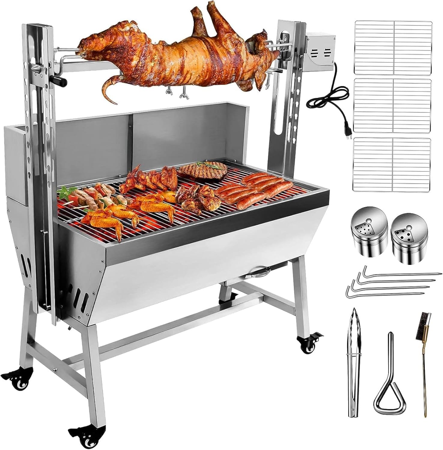 Parrilla asadora de acero inoxidable con protector de cubierta trasera, motor de 25 W, asador de cordero de cerdo pequeño, parrilla de asador de
