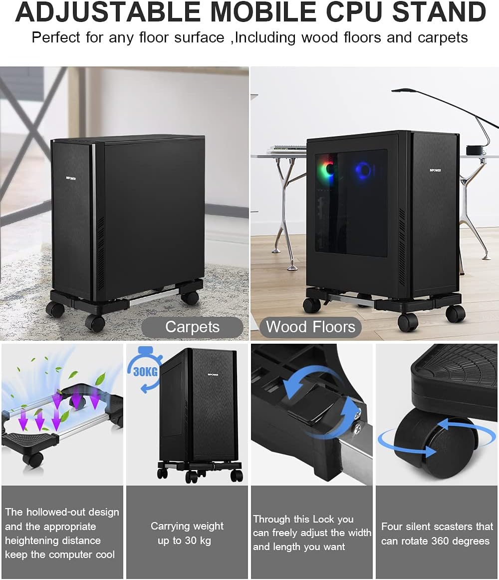 Soporte de torre de computadora, soporte ajustable para CPU móvil con ruedas giratorias, soporte de torre de PC premium para alfombra de suelo,