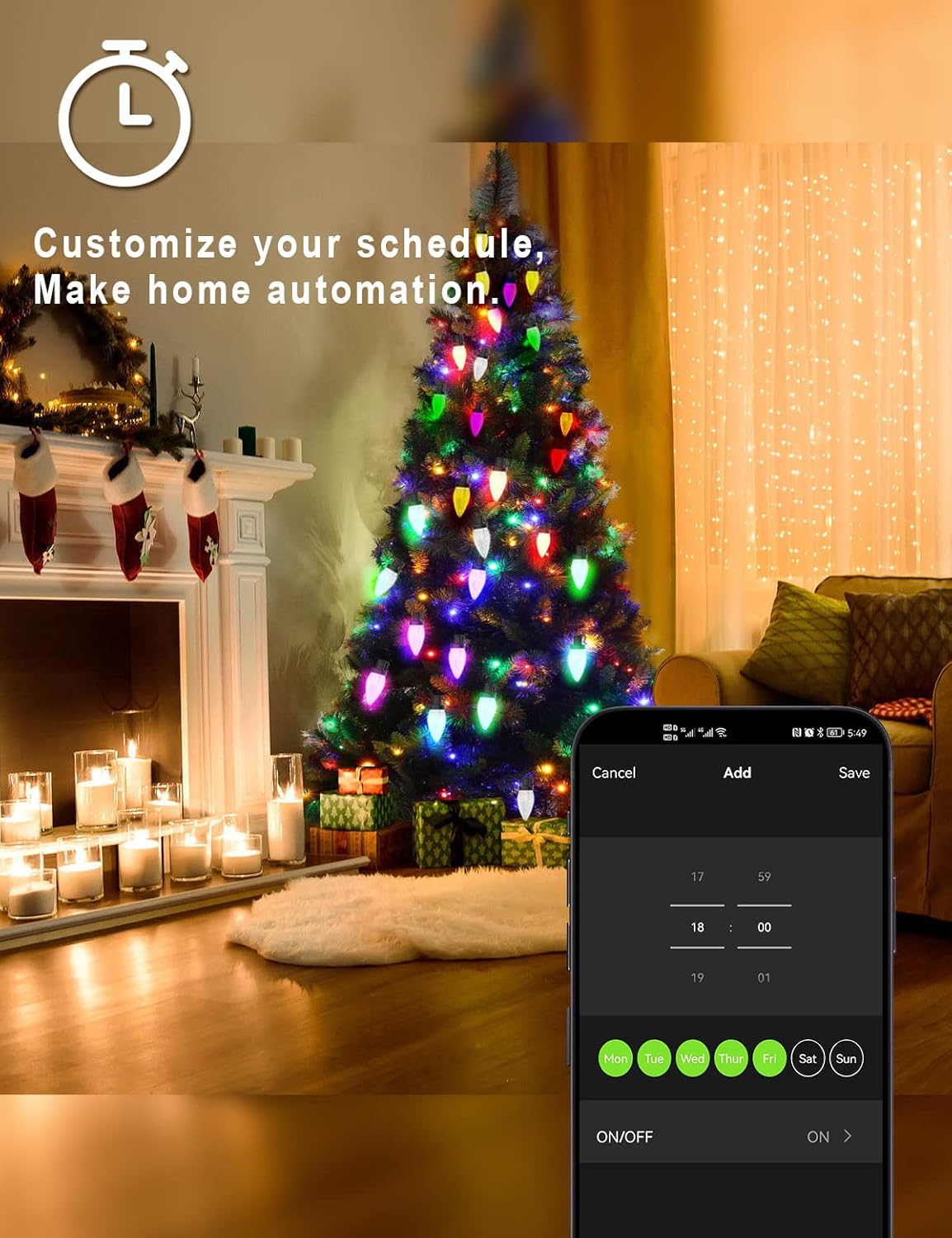 HIITEN Luces de Navidad RGB C9 para exteriores de 79 pies, 100 LED, efectos de persecución de bricolaje, luces de Navidad inteligentes, aplicación