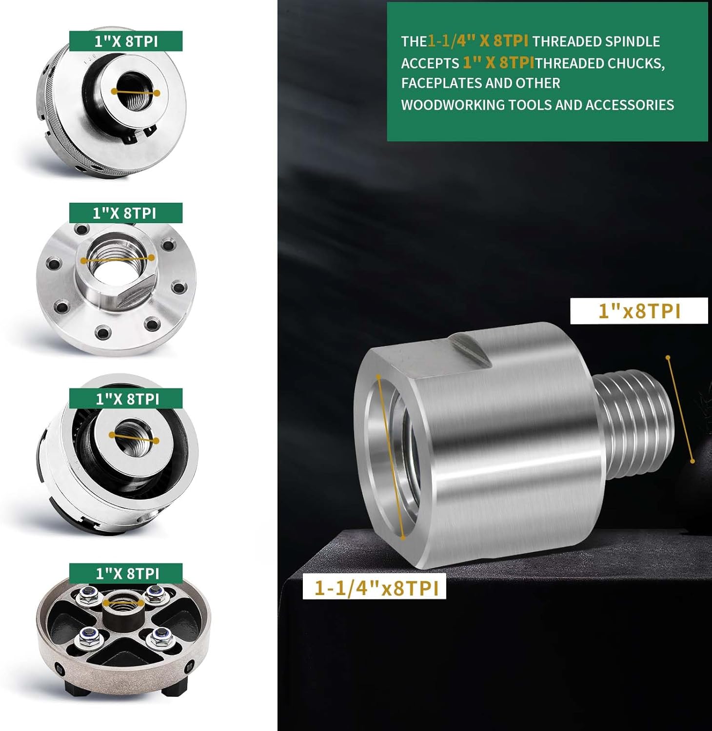 Adaptador de husillo de cabezal de torno, convierte 1-14 “x 8TPI a 1” x 8TPI para torno de carpintería