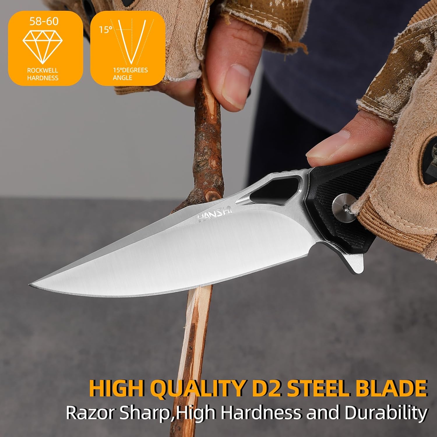 HANSHI Cuchillo de bolsillo plegable y afilado de hoja de acero D2 G10 de alta calidad con clip para hombres, cuchillo táctico de afeitar para