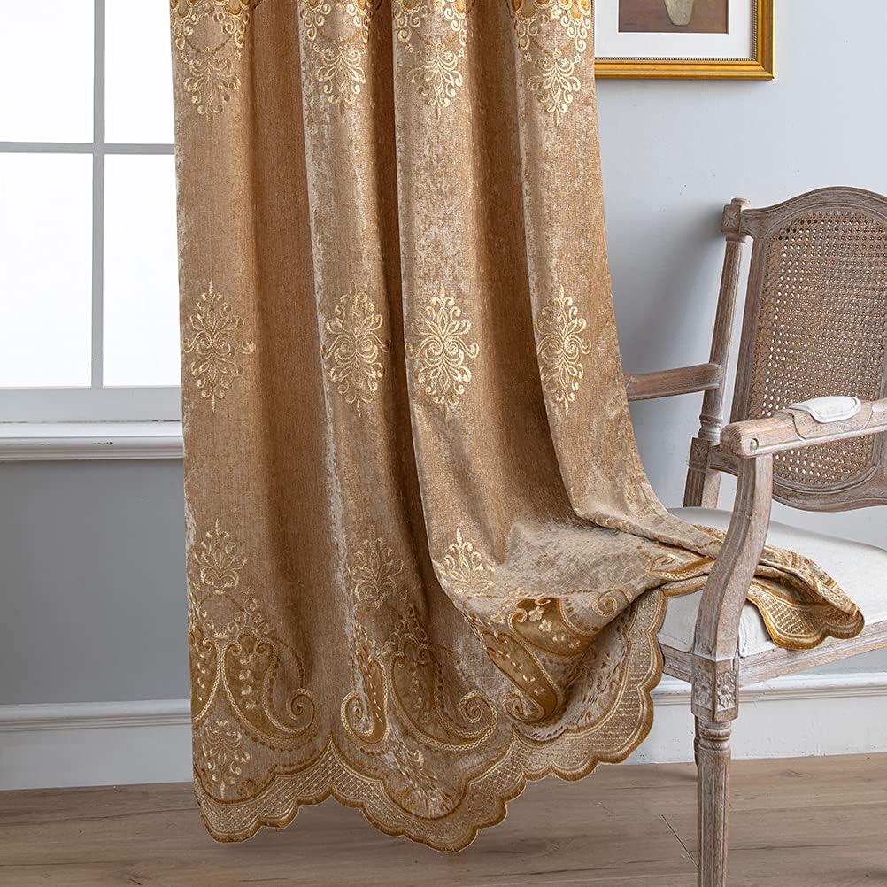 ELKCA Juego de cortinas europeas de felpilla con patrón bordado para sala de estar, con ojales en la parte superior (52 pulgadas de ancho x 84