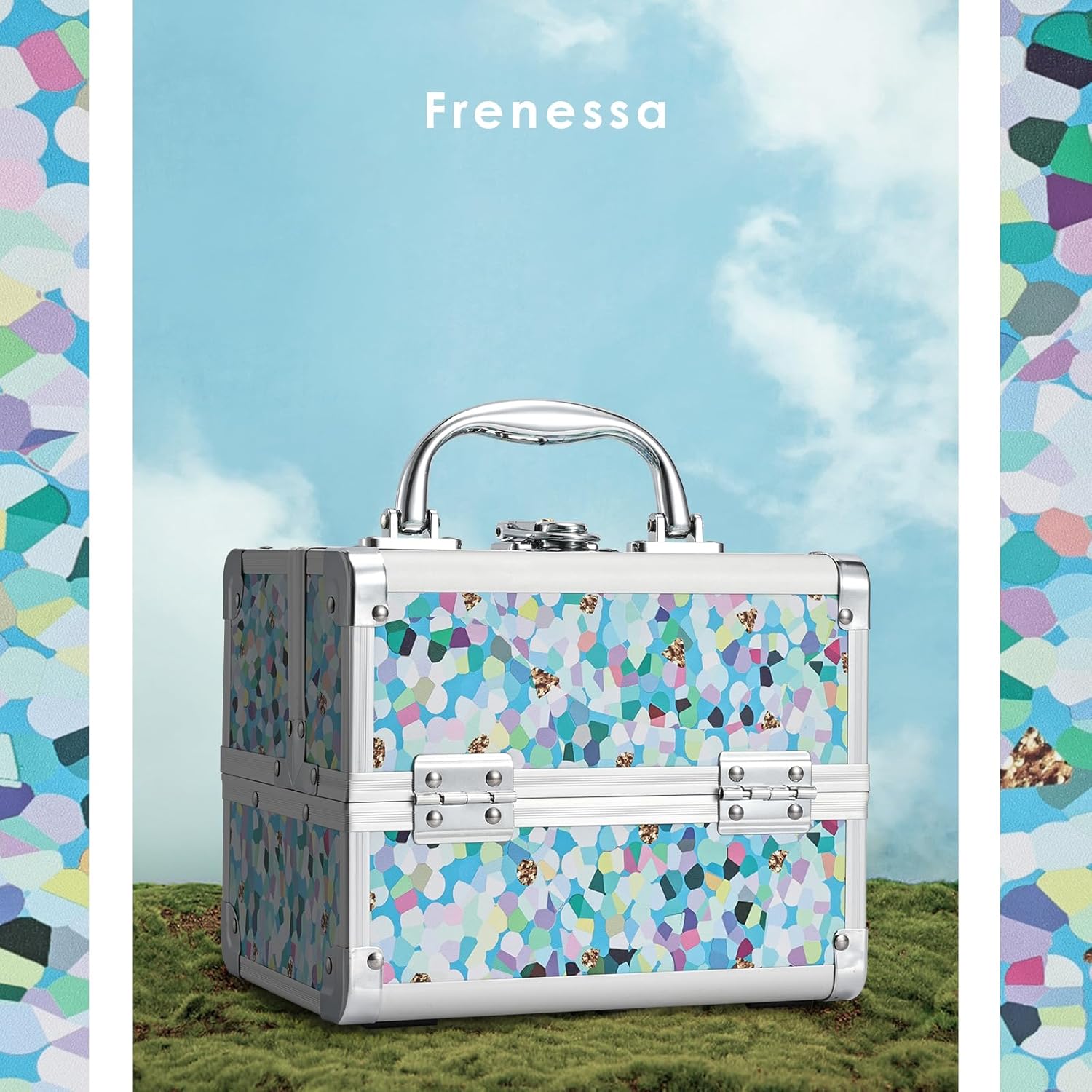 FRENESSA Estuche de tren de maquillaje, estuche organizador de cosméticos, caja de maquillaje portátil, 2 bandejas con espejo, estuche organizador