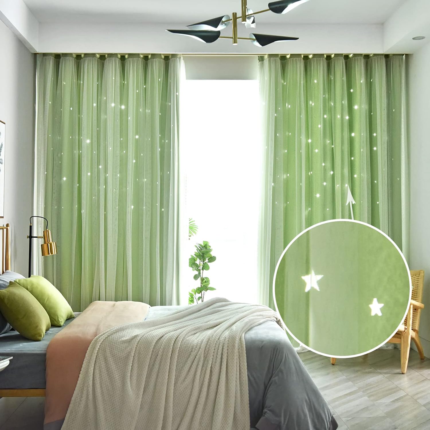 Jilron Cortinas opacas con estrellas huecas para habitaciones de niños, niñas, cortina corta de princesa para decoración de dormitorio de hija,