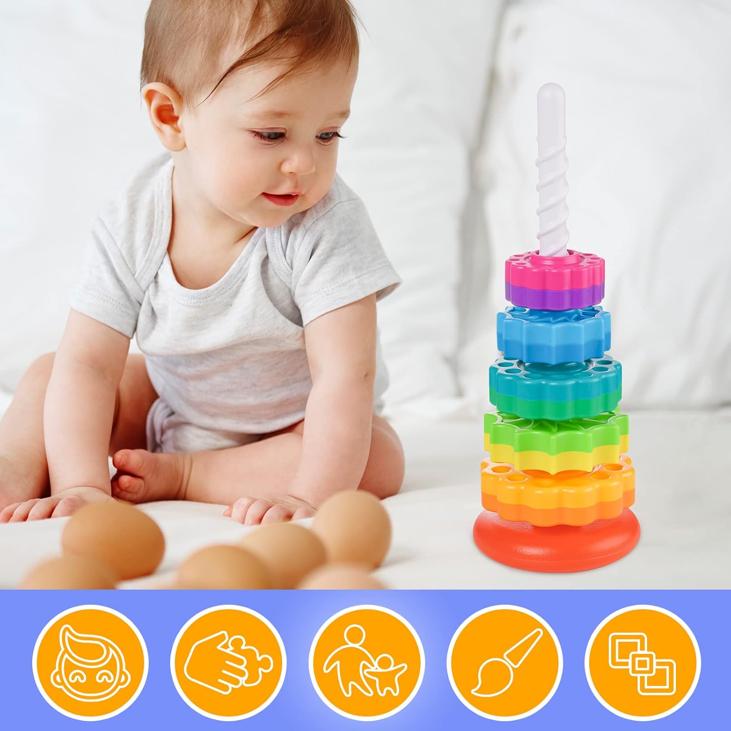 Juguete giratorio apilable para niños, torre arco iris, ruedas giratorias de doble color, plástico ABS fuerte sin BPA, educación temprana, diversión
