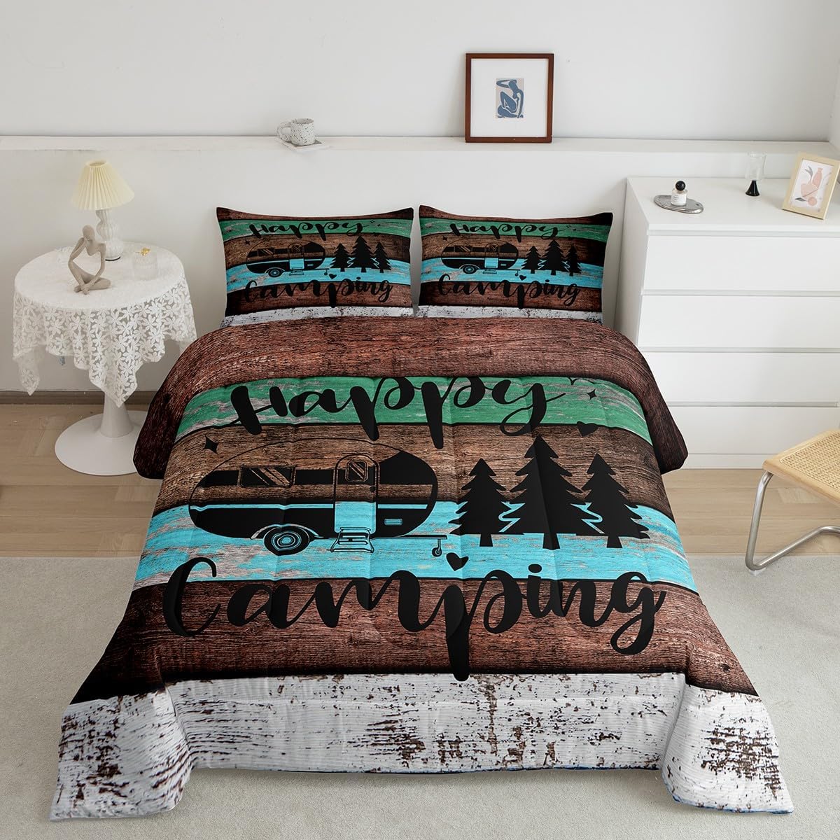 Castle Fairy Juego de edredón y edredón de madera vintage con diseño de granero, tamaño King, colección de cama ultra suave, ropa de cama de estilo