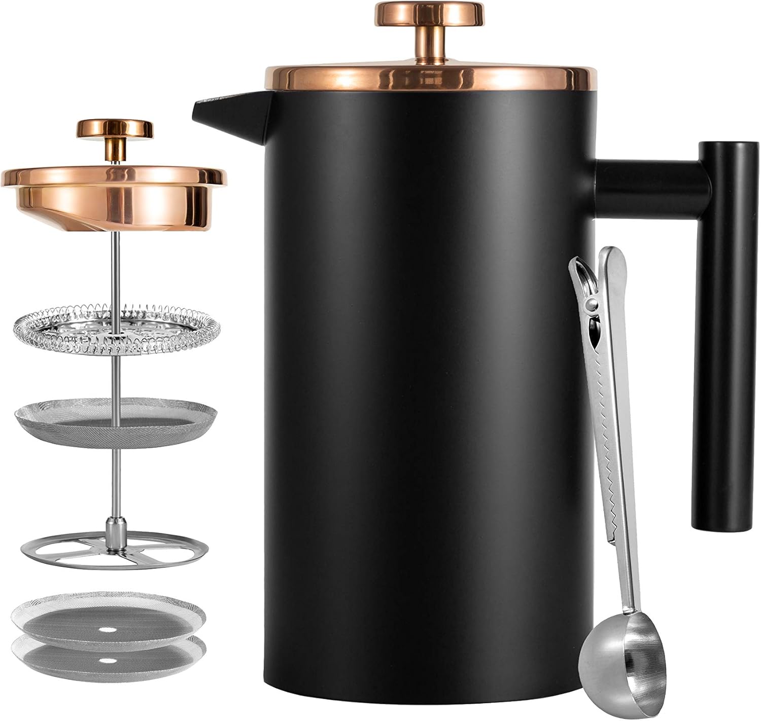 Cafetera francesa Pres de vidrio de 12 onzas y prensa francesa de acero inoxidable, 34 onzas, color negro