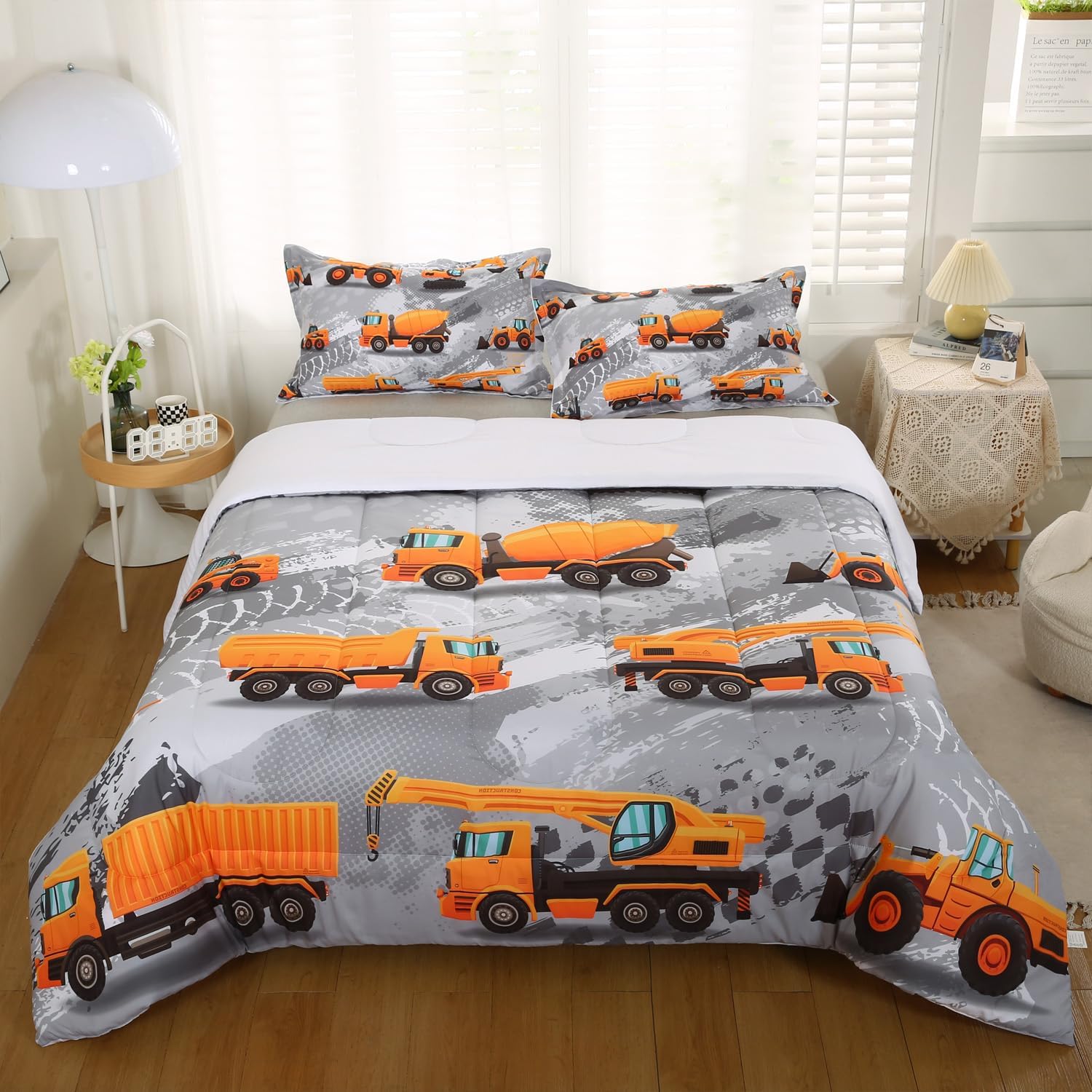 Juego de edredón de construcción para niños con diseño de camión excavadora, ropa de cama de construcción tamaño queen, edredón de camión de dibujos