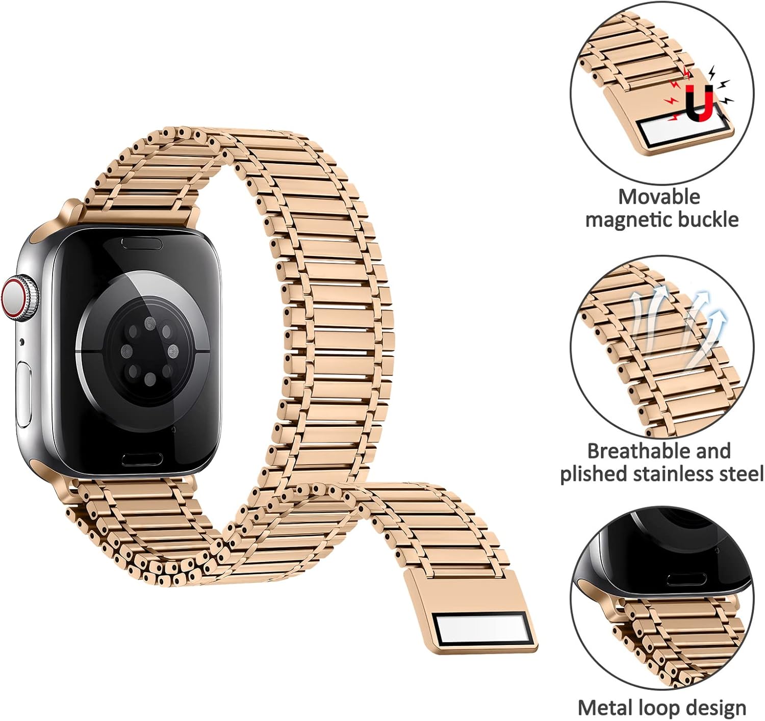 Magnética para Apple Watch Band 1.772 in 1.732 in 1.614 in 1.575 in 1.496 in 1.654 in correa de metal de acero inoxidable para hombre y mujer,