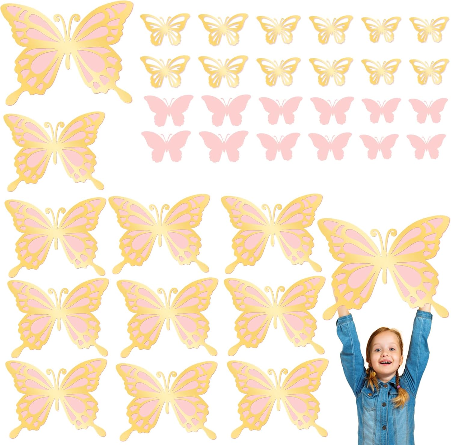 24 decoraciones de mariposa dorada 3D de mariposa grande de 2 capas, decoración de pared de mariposa de 5 tamaños diferentes, mariposa de papel rosa