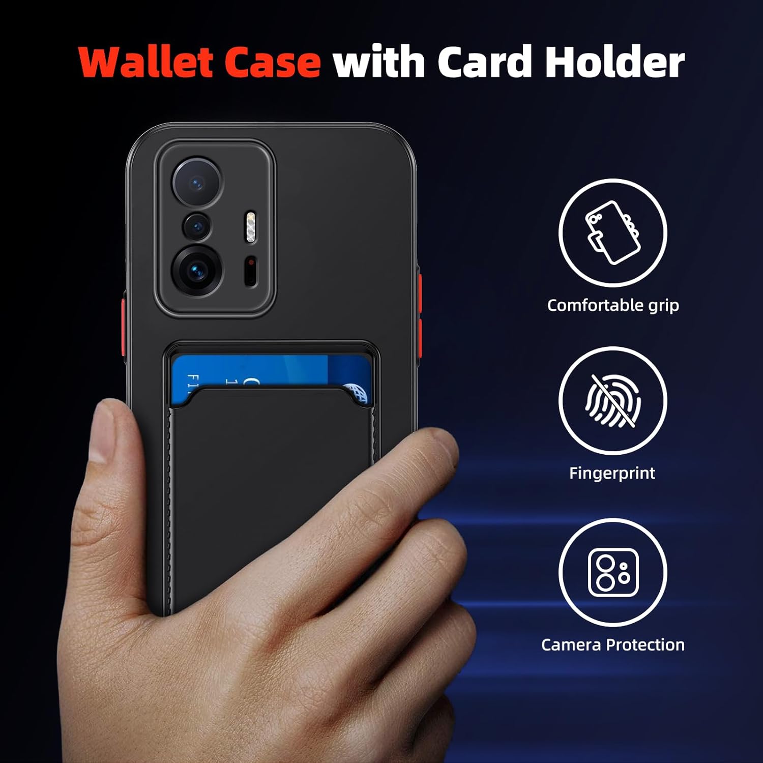 Funda de teléfono para Xiaomi 11T ProMi 11T – Funda delgada de silicona negra con ranura para tarjeta y protección de cámara
