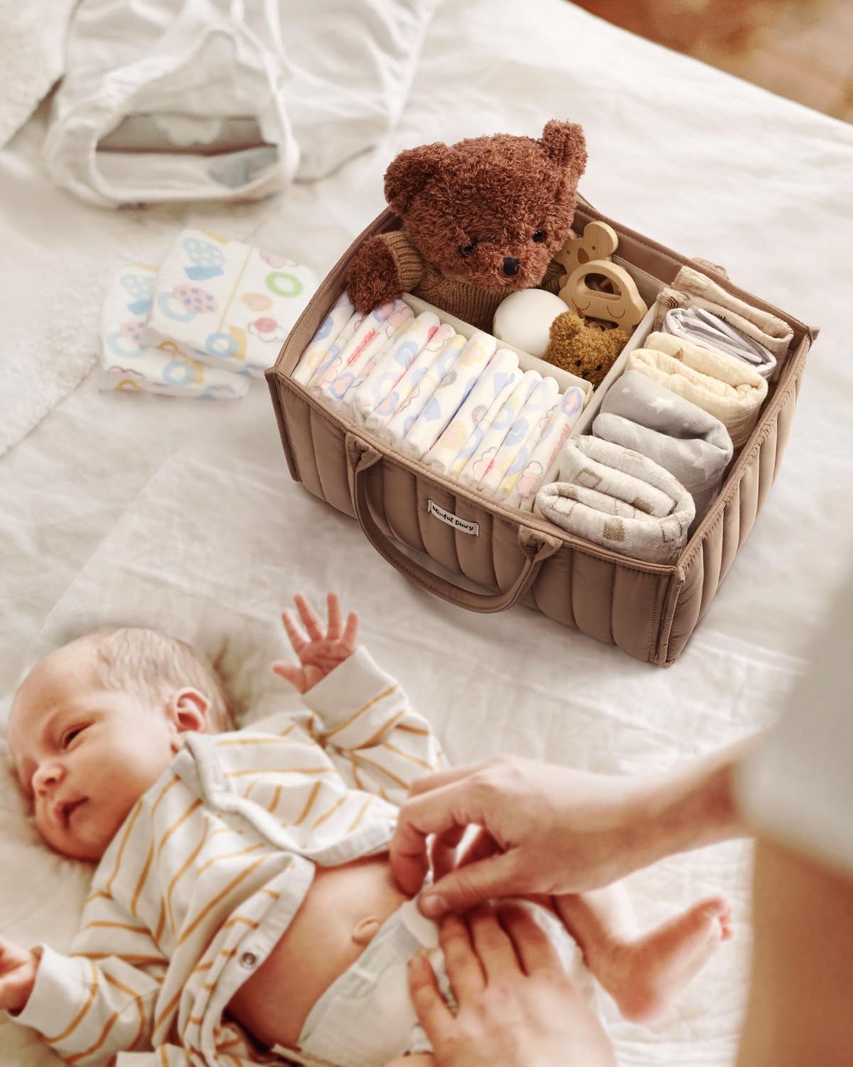 Blissful Diary Cesta de pañales para bebé, elegante organizador de pañales para bebé, cesta de almacenamiento para pañales, lista de regalos para