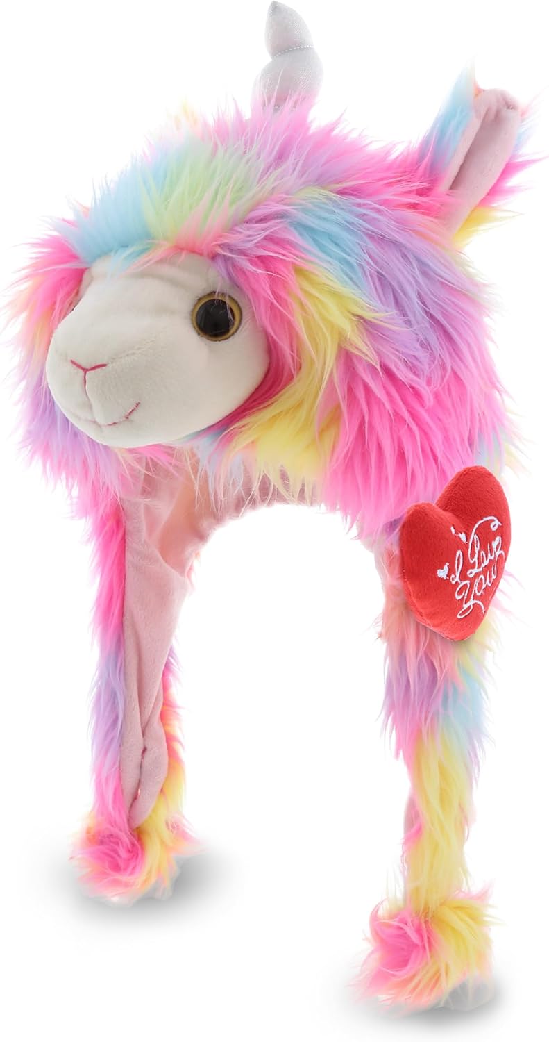 DolliBu Sombrero de peluche con texto en inglés “I Love You” de San Valentín, bonito animal de peluche con corazón rojo y nombre, regalo