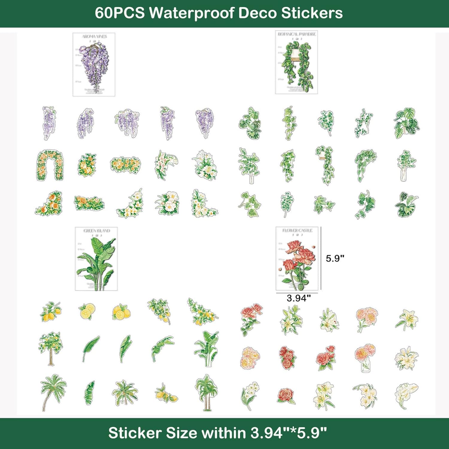 Maxleaf – 60 calcomanías impermeables transparentes  Maxleaf colección de plantas vintage y flores, calcomanías impermeables de gran tamaño para