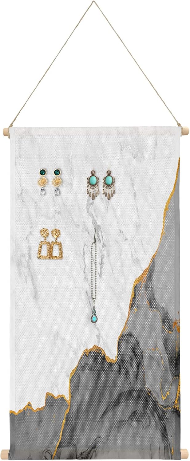 Organizador de joyas colgantes de mármol blanco y negro para mujer, soporte para aretes de línea dorada, organizador de aretes de arte abstracto