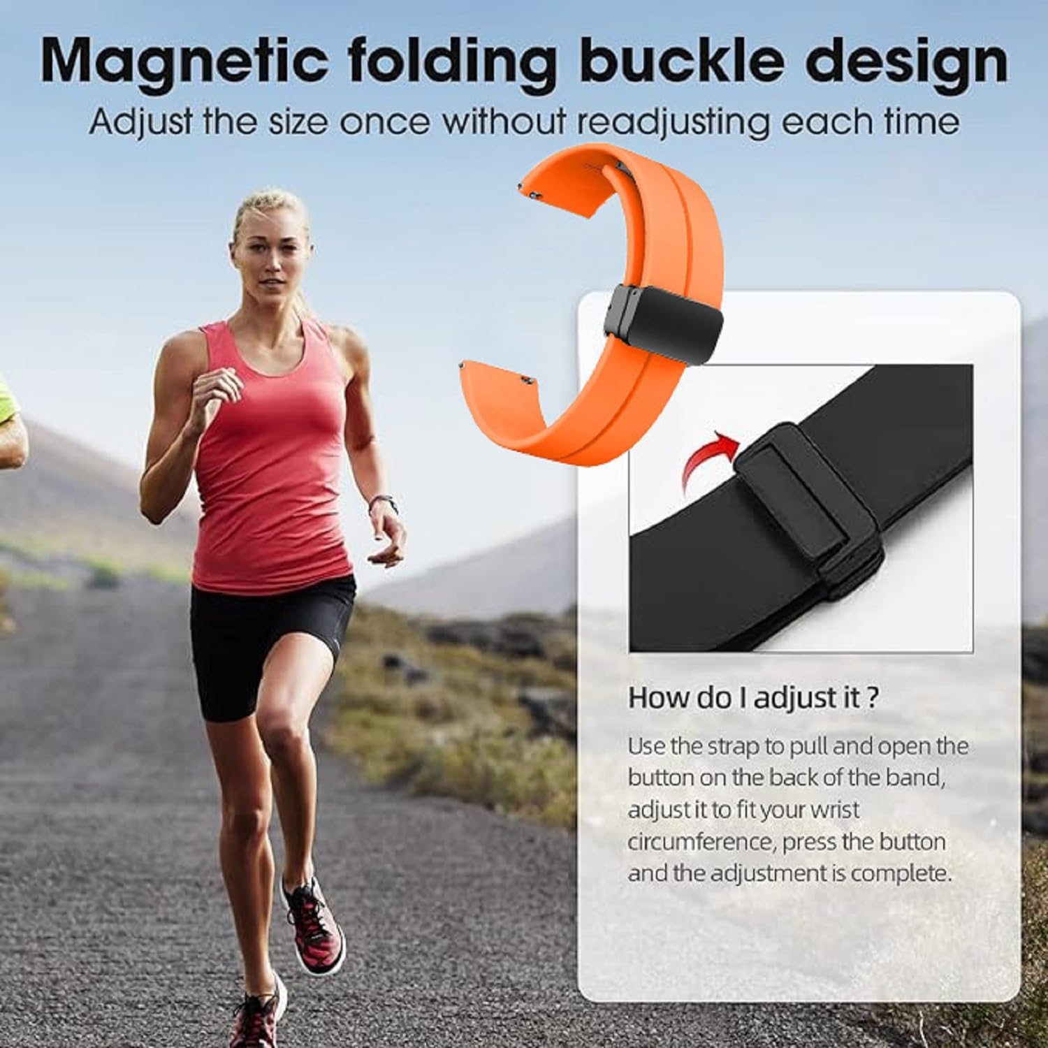 Correas de silicona universales de 0.748 in, 0.787 in y 0.866 in, correas de reloj deportivo de liberación rápida con hebilla plegable magnética