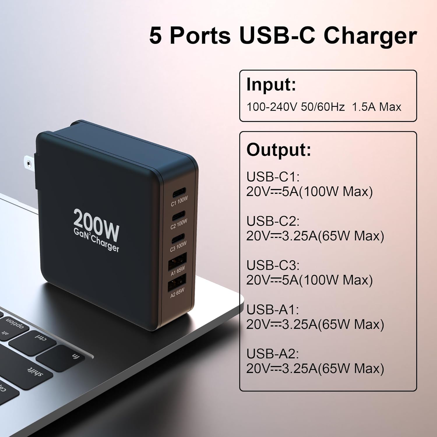 Tobetravel Cargador USB C de 200 W, 5 puertos GaN USB C cargador rápido de pared, PD100W USB C estación de carga de escritorio para iPhone 15 14,