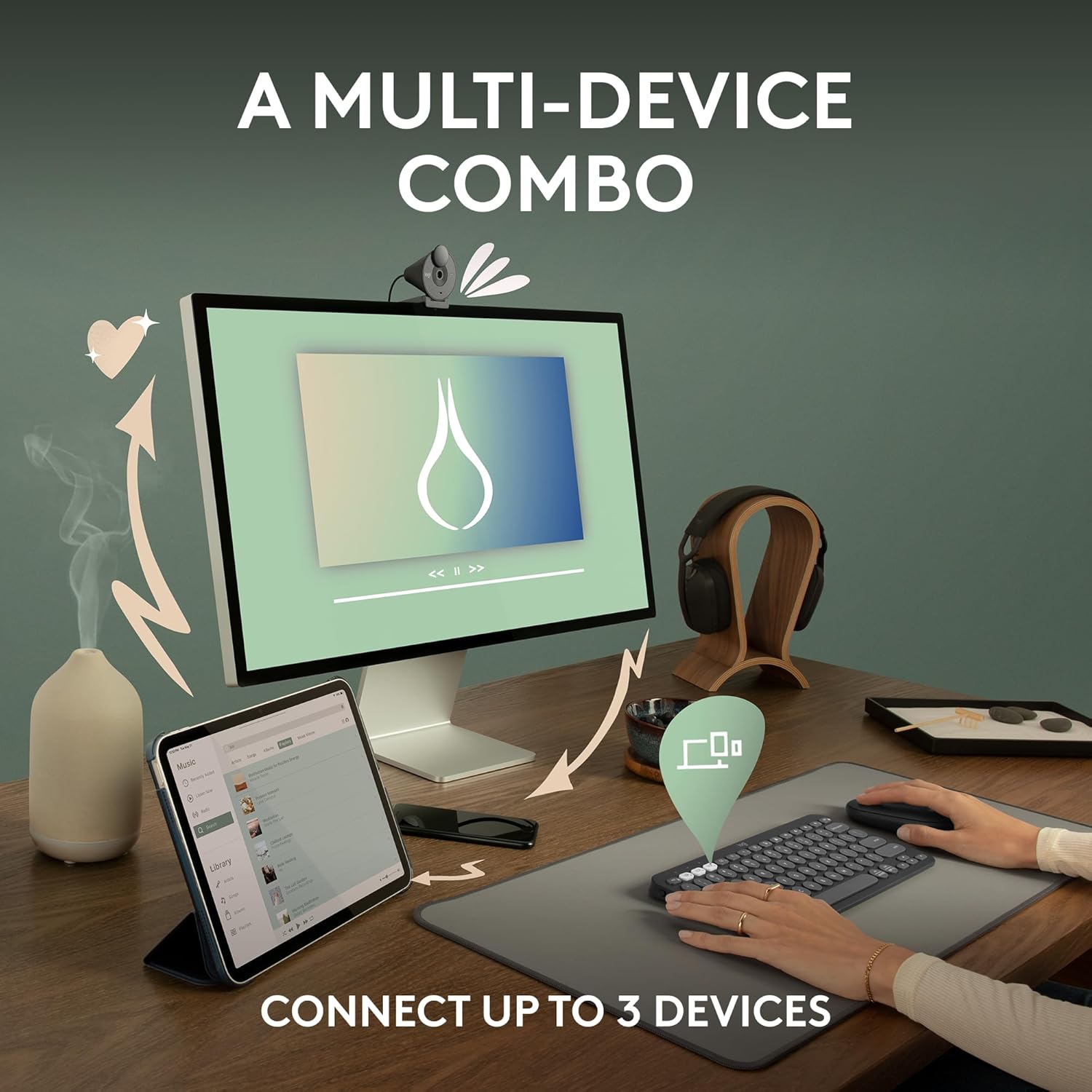 Logitech Pebble 2 Combo, teclado y mouse inalámbricos, silencioso y portátil, personalizable, perno logi, Bluetooth, fácil de cambiar para Windows,