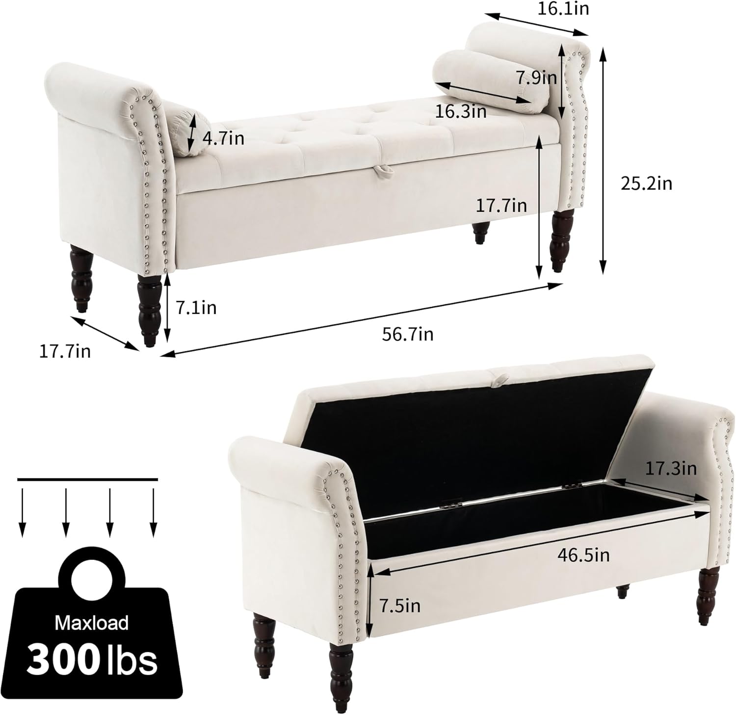 Banco de almacenamiento para dormitorio, banco de 57 pulgadas con almacenamiento, banco otomano de almacenamiento con brazo enrollado con botones
