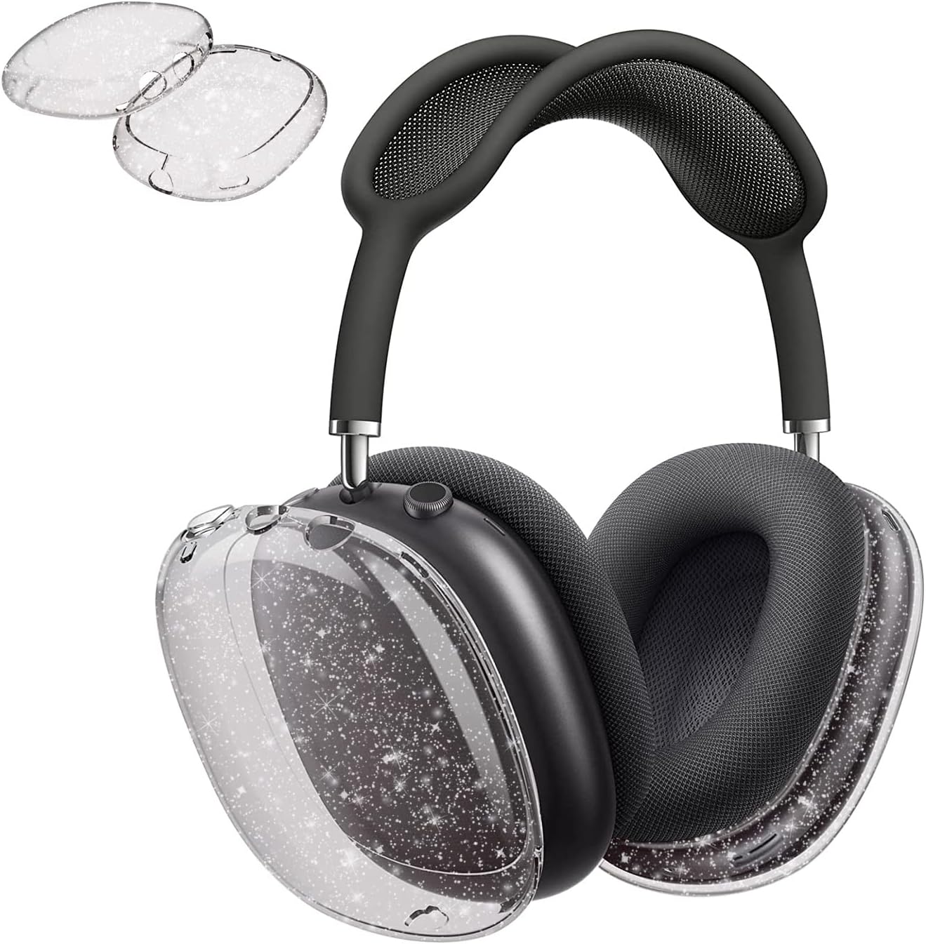 Aircawin Funda para AirPods Max, funda transparente con purpurina negra, funda transparente para Airpods Max, funda protectora de TPU suave,