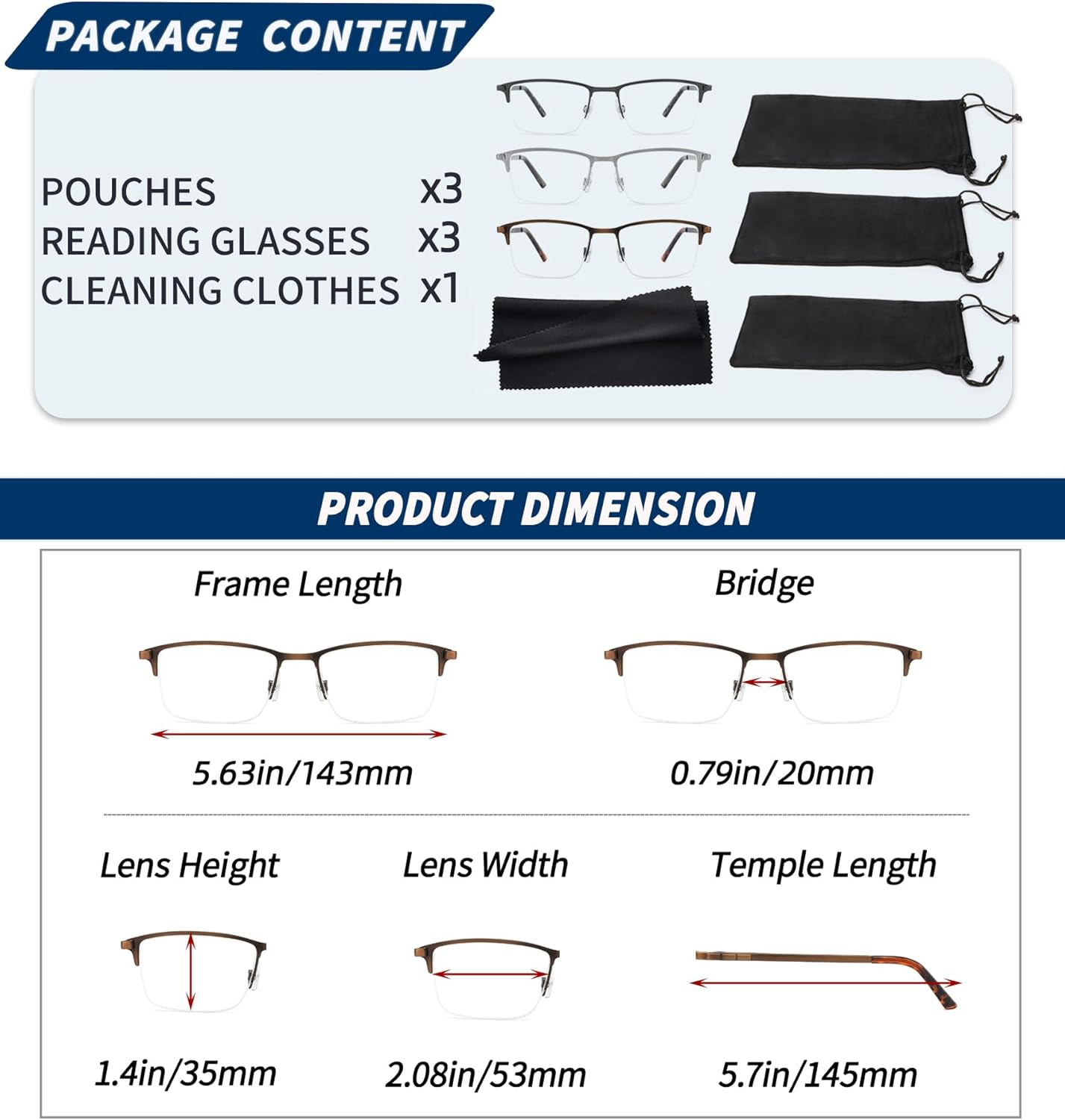 JJWELL 3 Pack Reading Glasses for Men Blue Light Blocking, Spring Hinge Readers