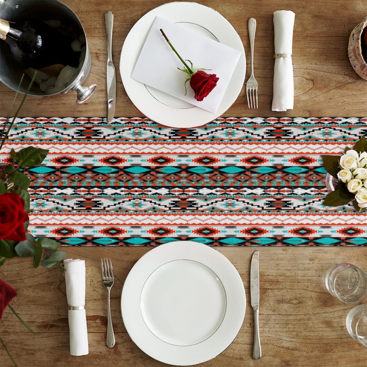 Table Runner Ethnic Tribal Geometric Pattern, Rustic Linen Table Cloth for Farmhouse Kitchen, Dinner, Events, Party, Holiday Table Decor 13 x 60