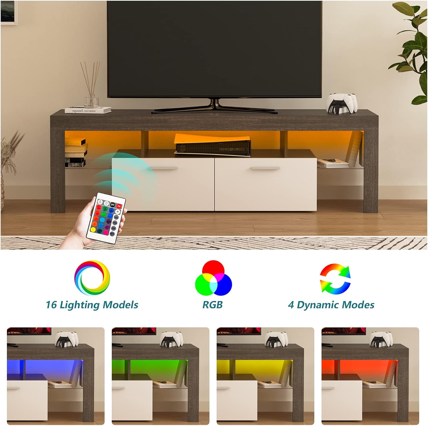 Koifuxii Soporte de TV moderno de mediados de siglo para TV de 40, 50, 55, 60, 65, 70 pulgadas, soporte de TV LED con gabinete de almacenamiento,