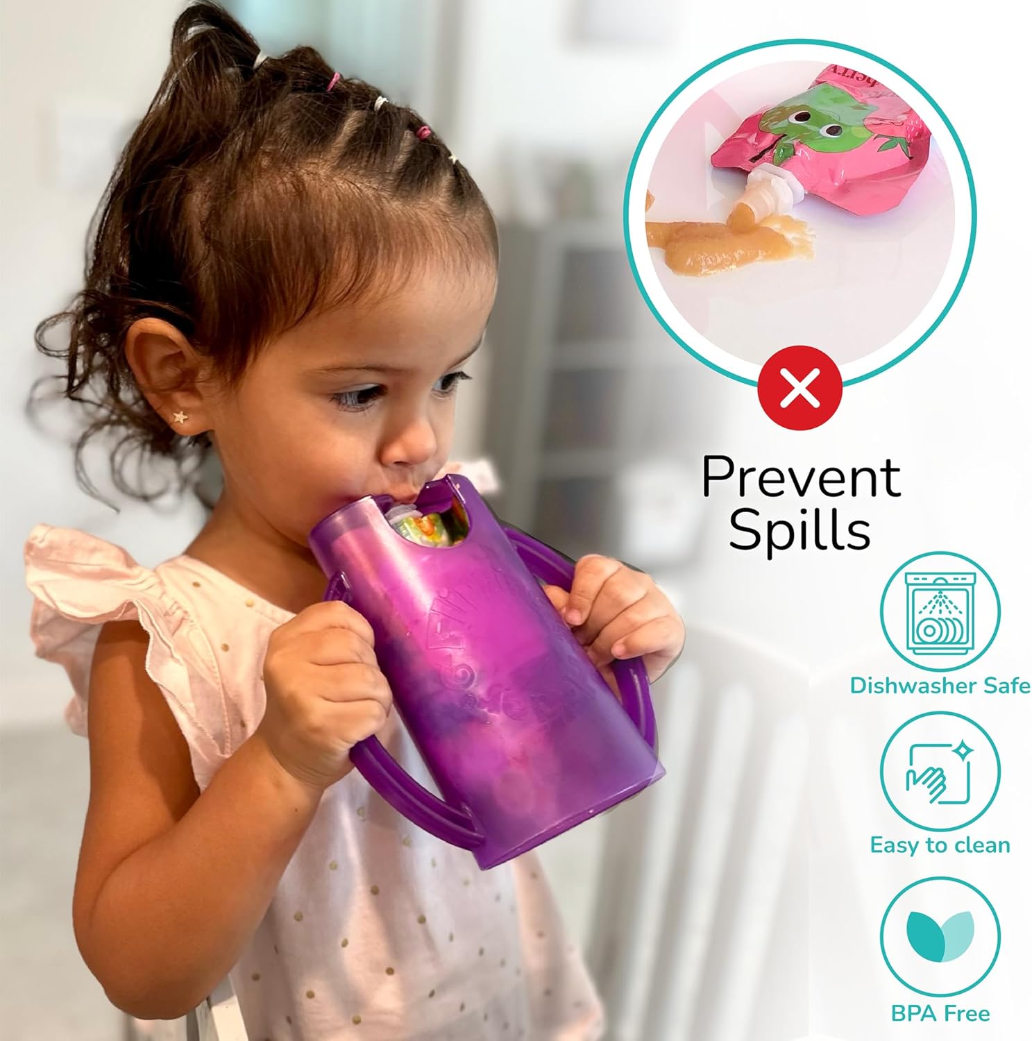 Recipiente para mezclar, recipiente para bolsas de comida y jugo 2 en 1, hecho en EE. UU. Bolsa de comida a prueba de golpes
