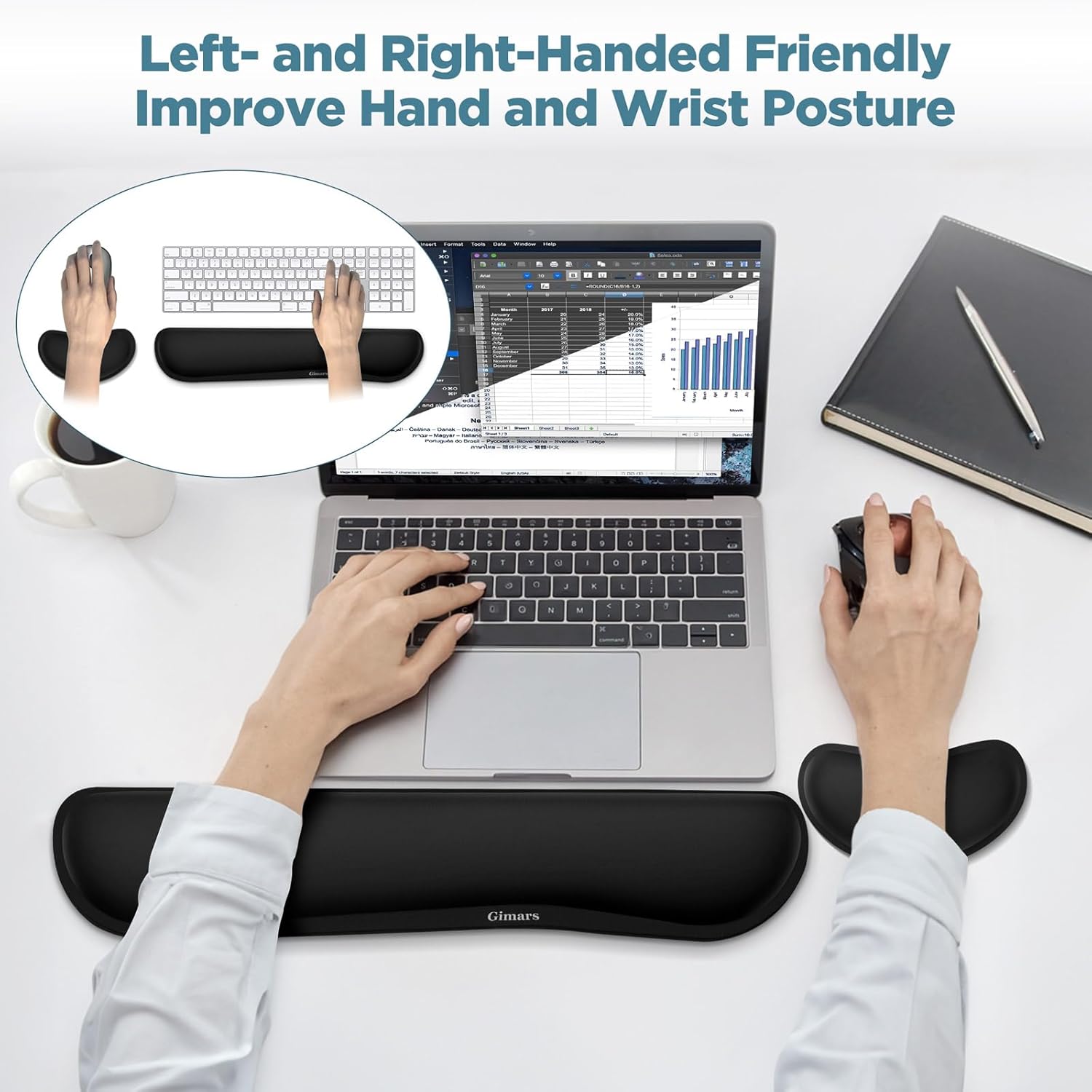 Gimars Reposamuñecas de espuma viscoelástica de gel sedoso para teclado de computadora, mouse, 3 piezas de reposamuñecas ergonómico para teclado y