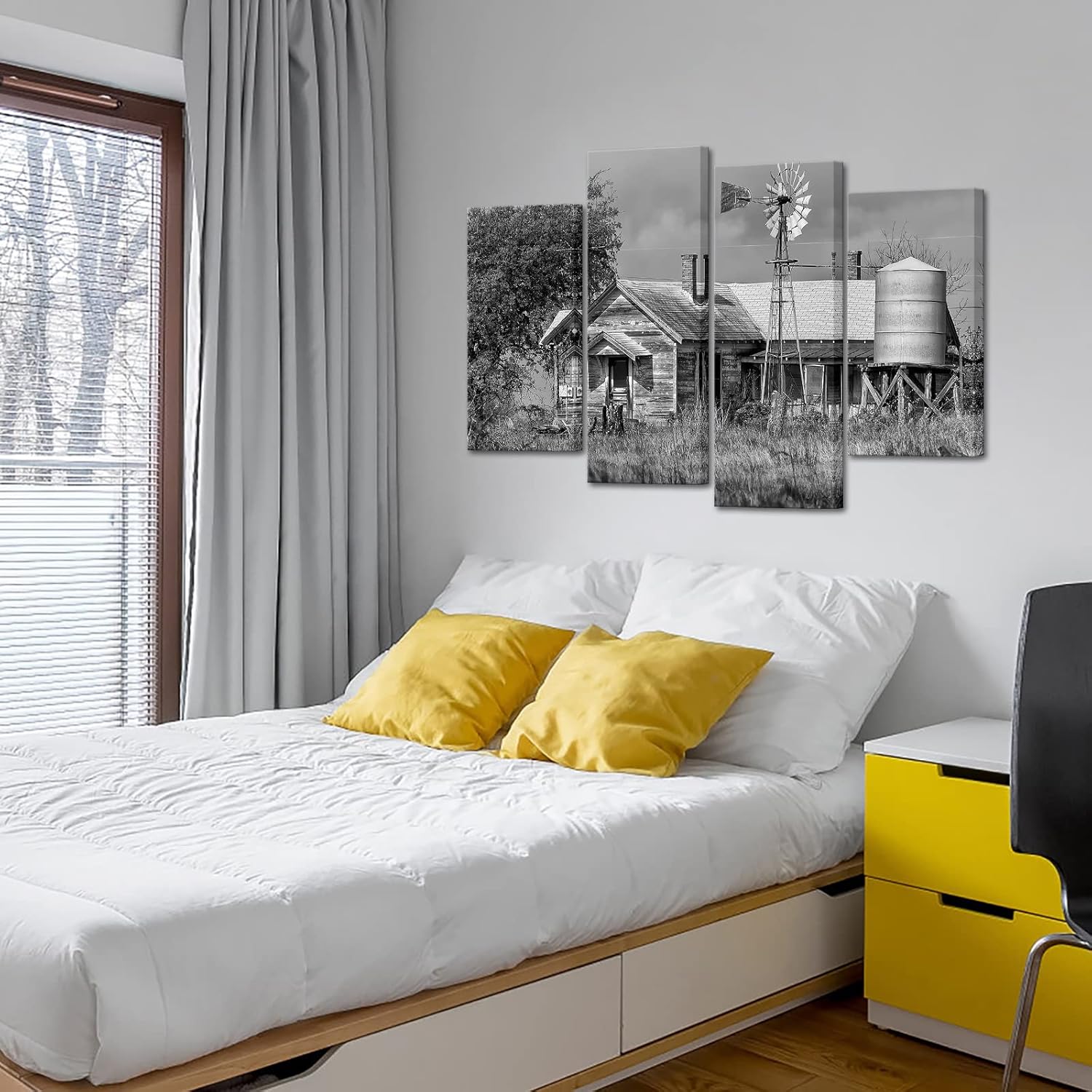 Nachic Wall Lienzo de 4 piezas en blanco y negro de Texas, pintura de granja, campo, granero, molino de viento, paisaje, póster para el hogar, sala