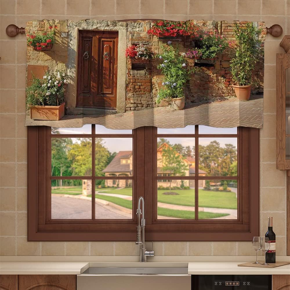 Cortina de cenefa de cocina, patrón toscano floral, bolsillo para cortinero de ventana, para ventanas, dormitorio, baño, 60 x 18 pulgadas, marrón