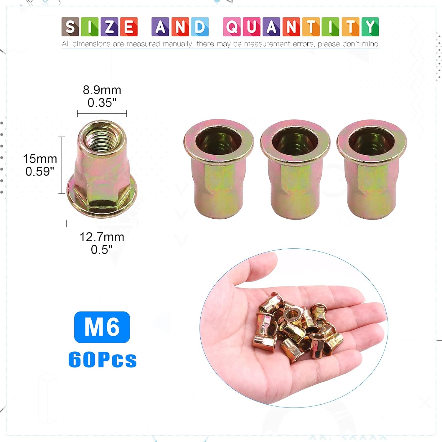 Glarks Juego de 60 tuercas de remache de brida de cuerpo hexagonal M6 de acero al carbono chapadas en zinc, cabeza plana roscada, tuerca de