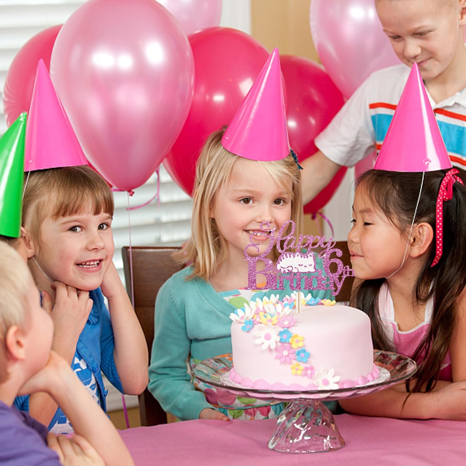 Decoración para tartas de 6 cumpleaños con diseño de gato con purpurina rosa, decoración de pastel de cumpleaños de seis años para niña, decoración