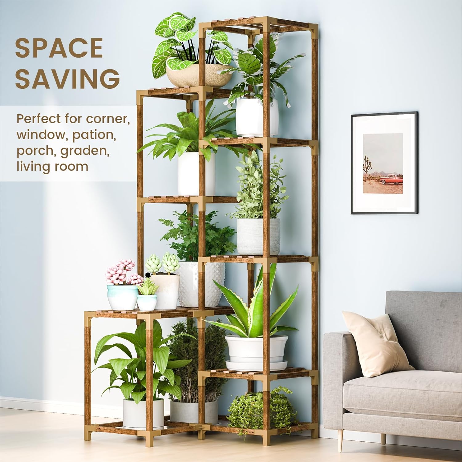 HOMKIRT Estante de esquina de 10 niveles alto para plantas para interiores y exteriores, soporte grande de madera para plantas, soporte para