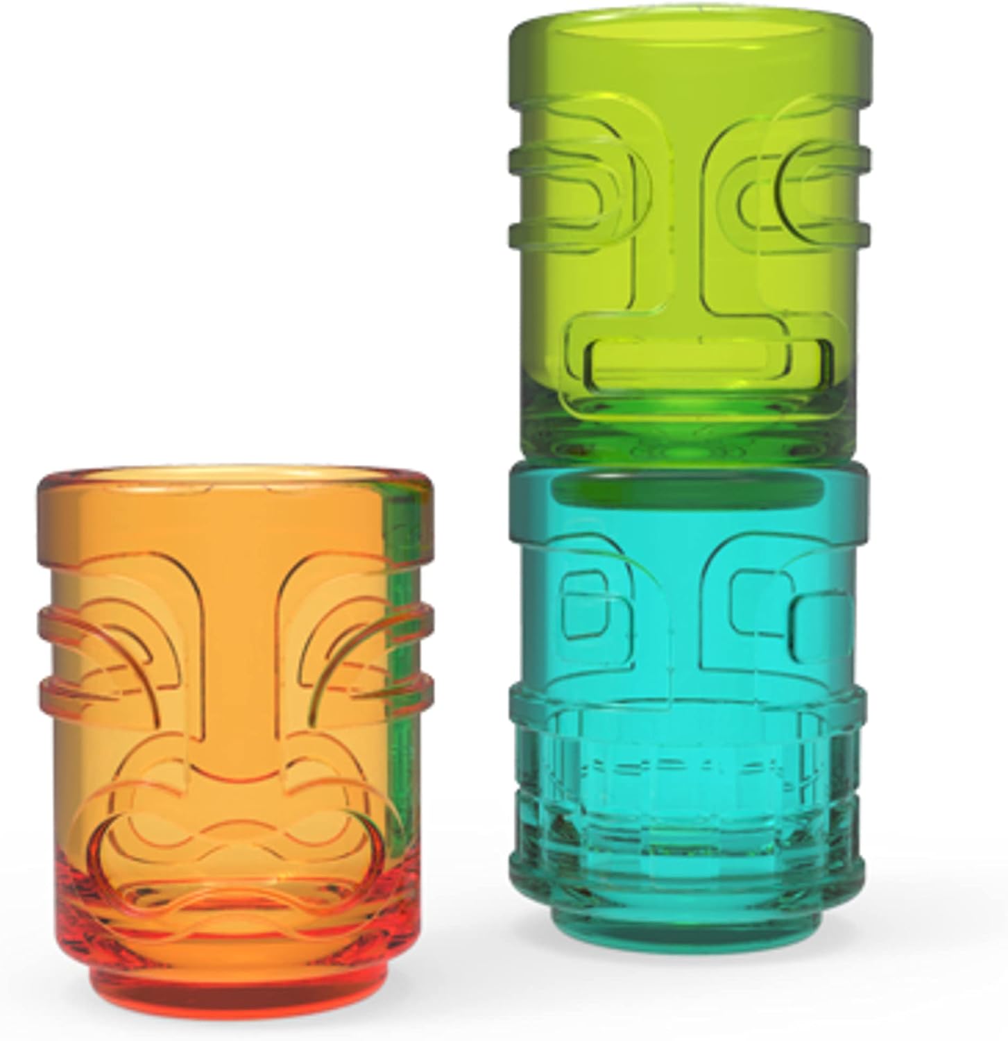 Tiki – Vasos de chupito para cócteles, juego de vasos de chupito apilables tropicales, vidrio de color Tiki, capacidad para 2 onzas, multicolor,