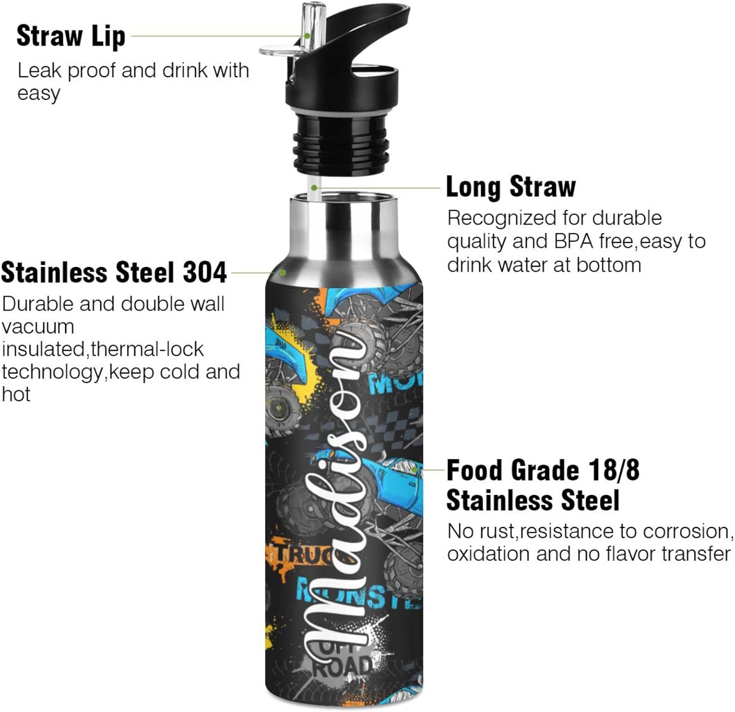 Botella de agua deportiva personalizada con nombre Monster Truck Tires Botella aislada de acero inoxidable personalizada para escalada Frasco de