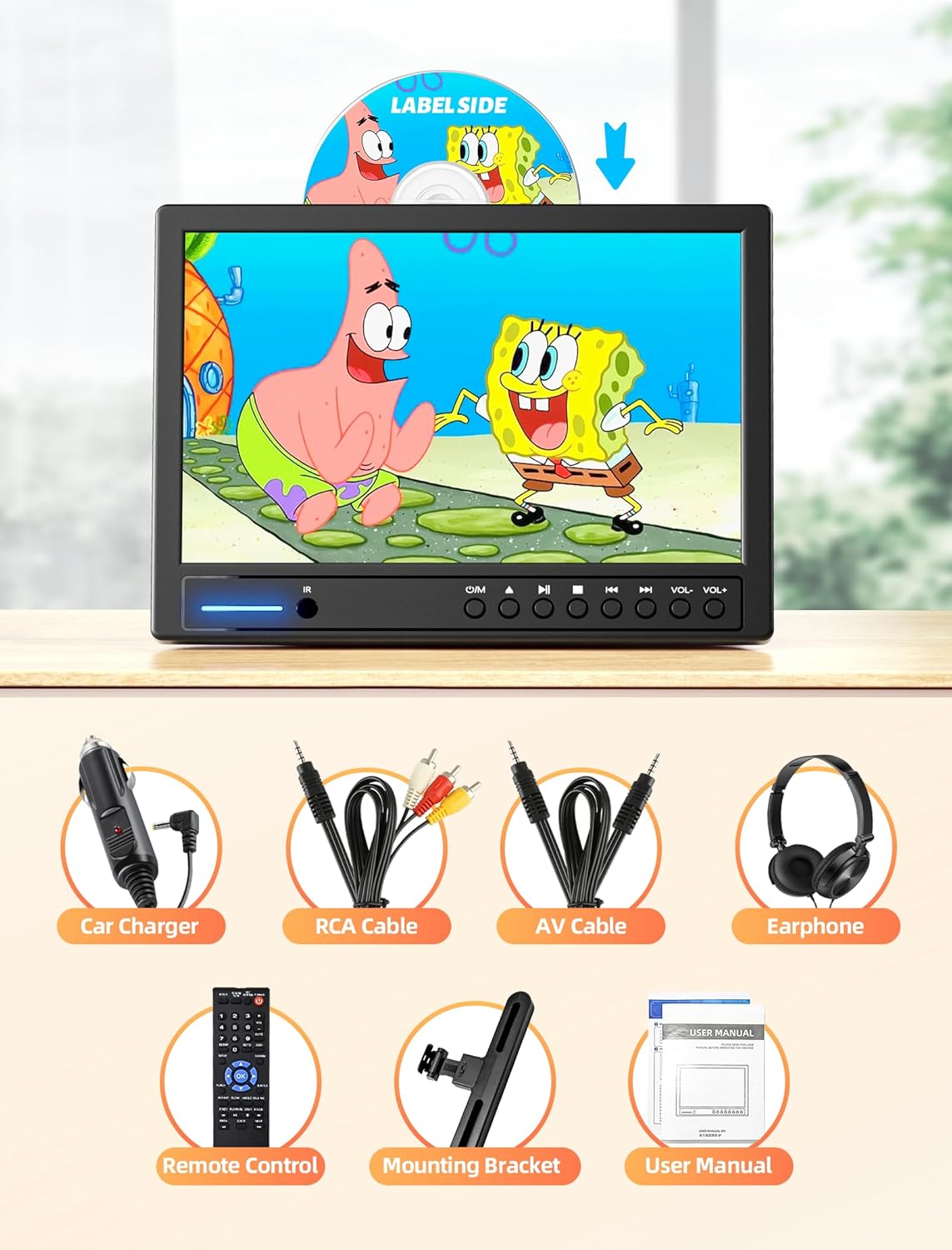 Arafuna Reproductor de DVD portátil de 12.5 pulgadas para automóvil con auriculares, reproductor de DVD para automóvil con soporte para