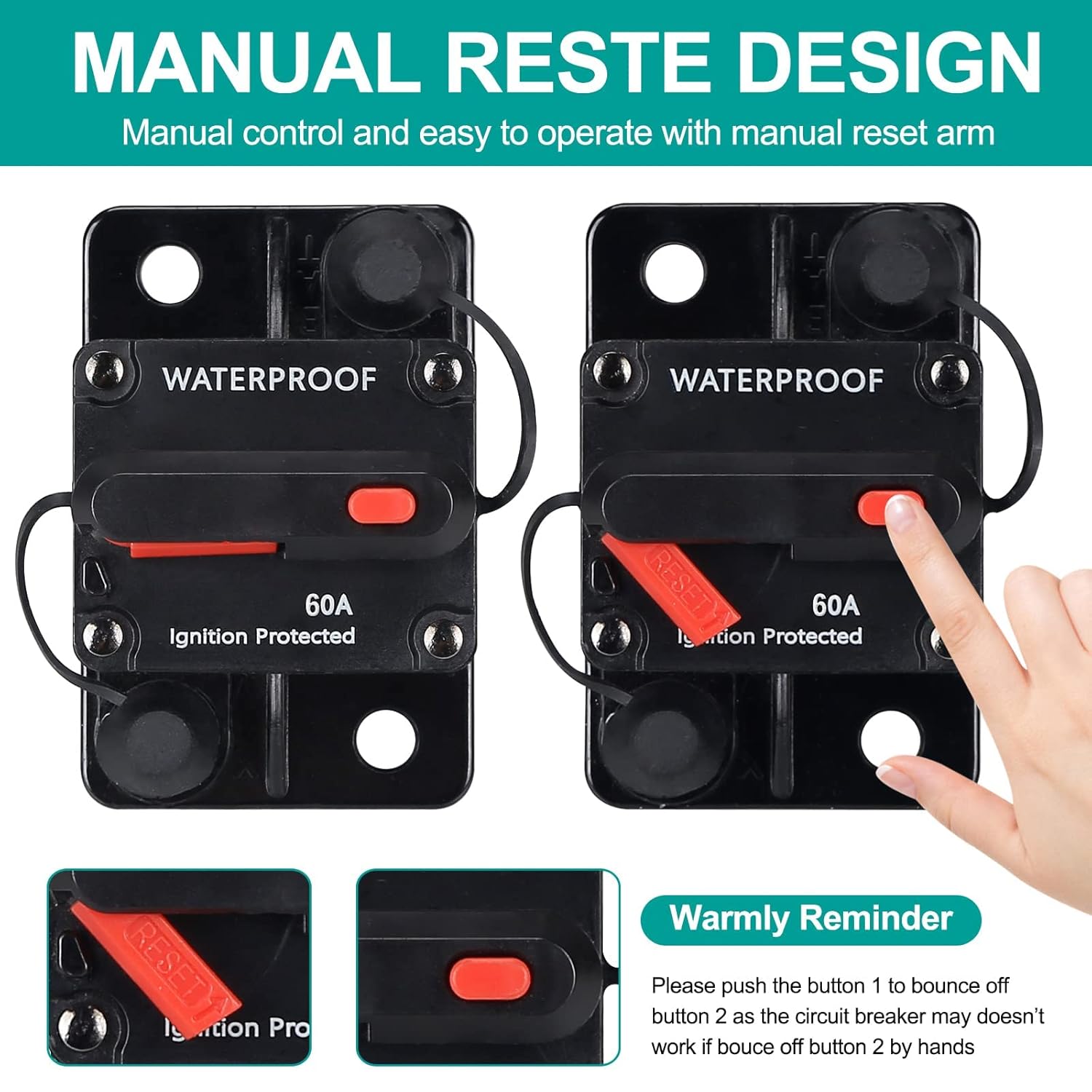 Disyuntor de 60 amperios, con reinicio manual, impermeable, 12V-48V CC, 30-304A, para motores marinos de arrastre de automóvil, barco, ATV,